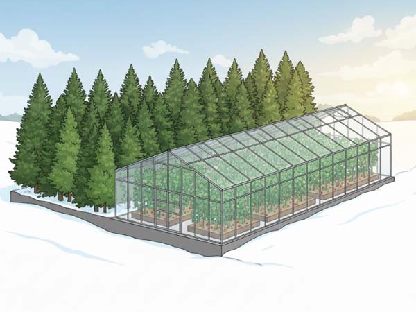 Windbreak on the north side of a greenhouse in the Northern Hemisphere.